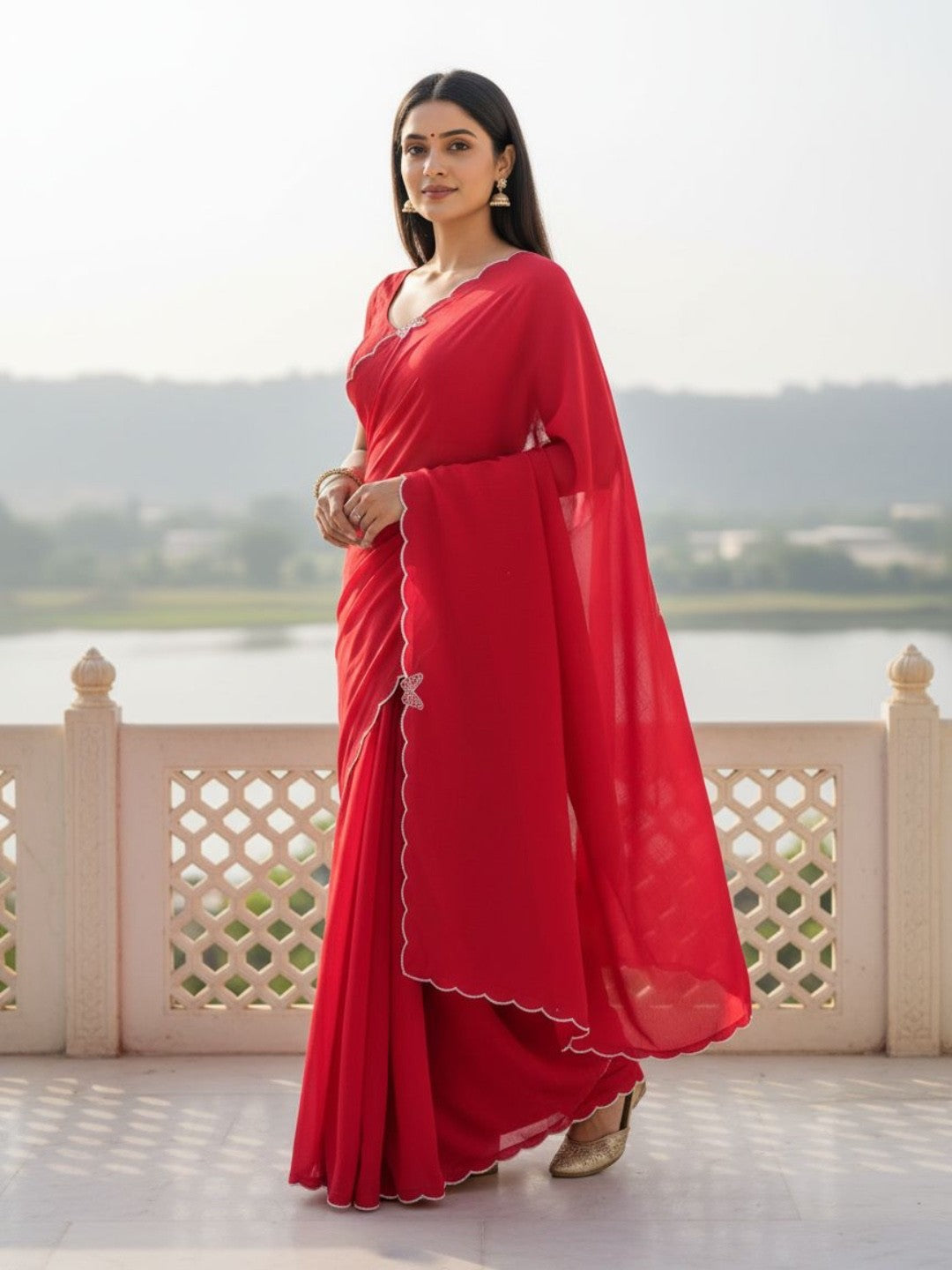 Elegant Red Solid Chinon Saree with Swarovski & Stone Embellished Designer Work - Image 1