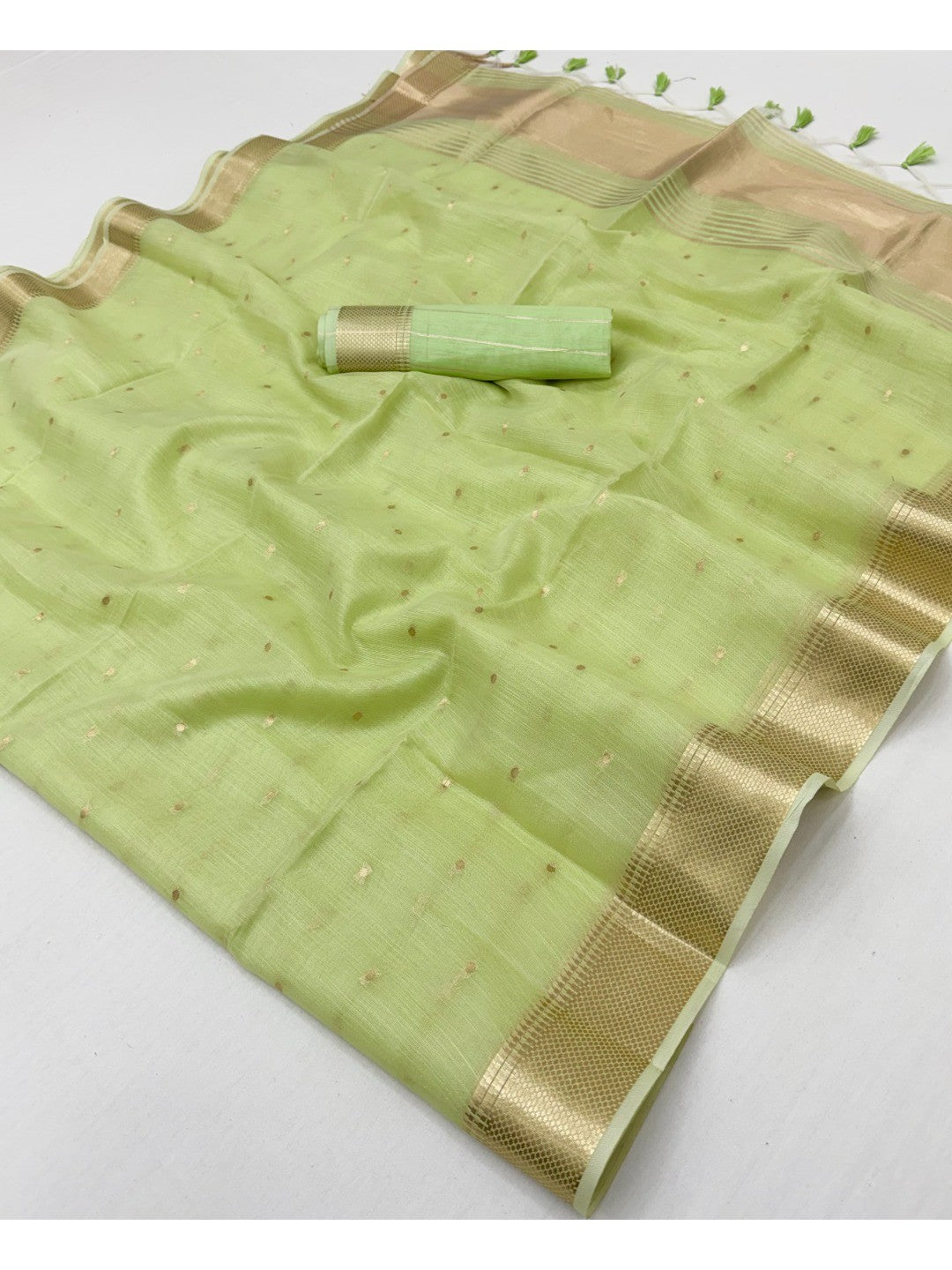 Green Tissue Saree with Golden Woven Border and Polka Dot Design - Image 2