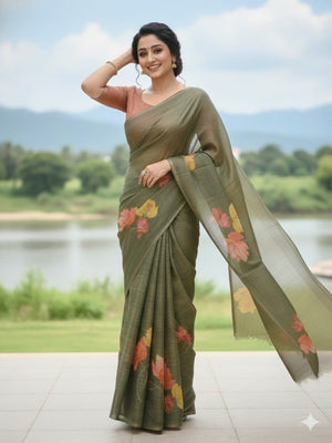 Elegant Green Floral Printed Cotton Silk Saree With Soft Glossy Finish - Image 1