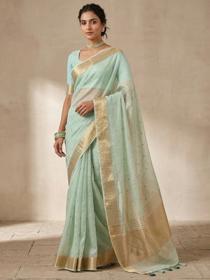 Sea Green Tissue Saree with Golden Woven Border and Polka Dot Design - Image 1