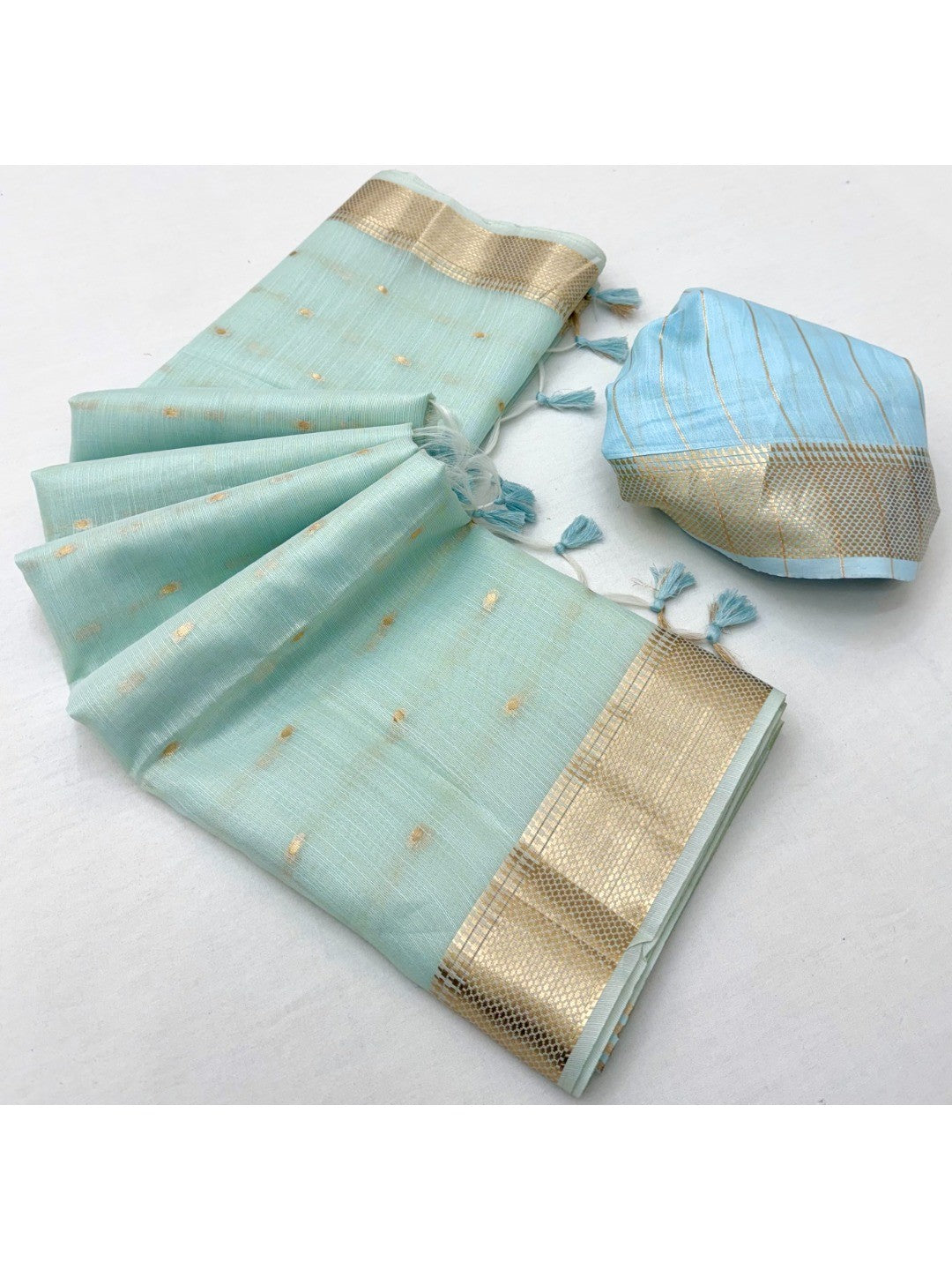 Sea Green Tissue Saree with Golden Woven Border and Polka Dot Design - Image 3