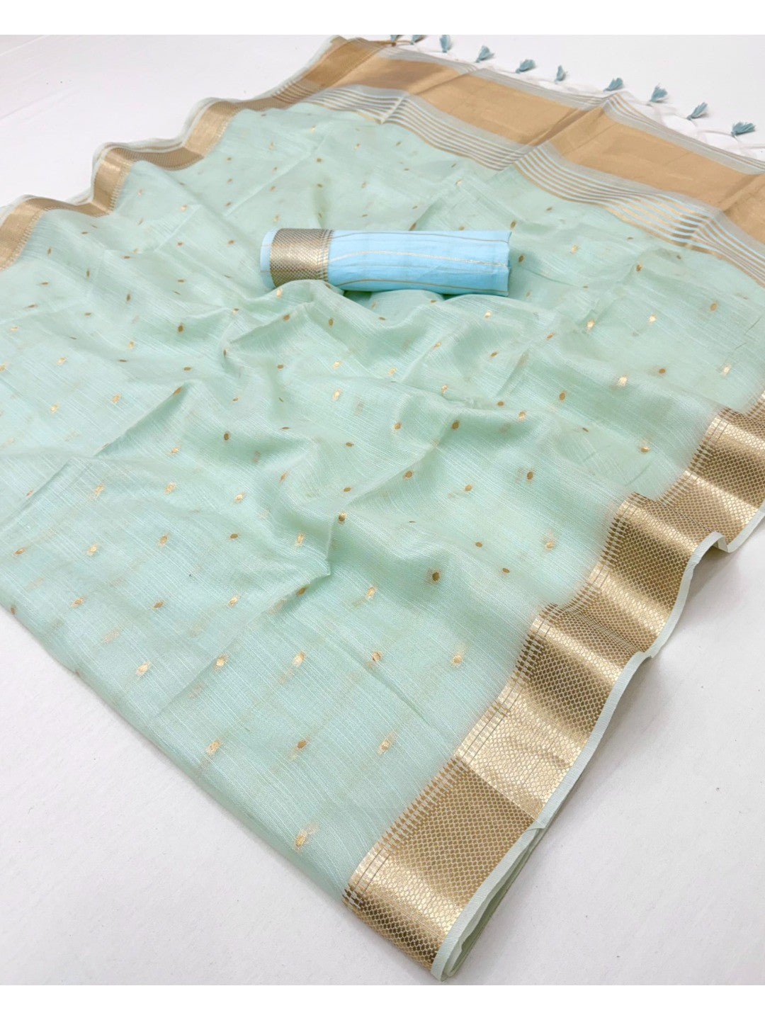 Sea Green Tissue Saree with Golden Woven Border and Polka Dot Design - Image 2