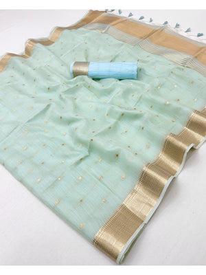 Sea Green Tissue Saree with Golden Woven Border and Polka Dot Design - Image 2