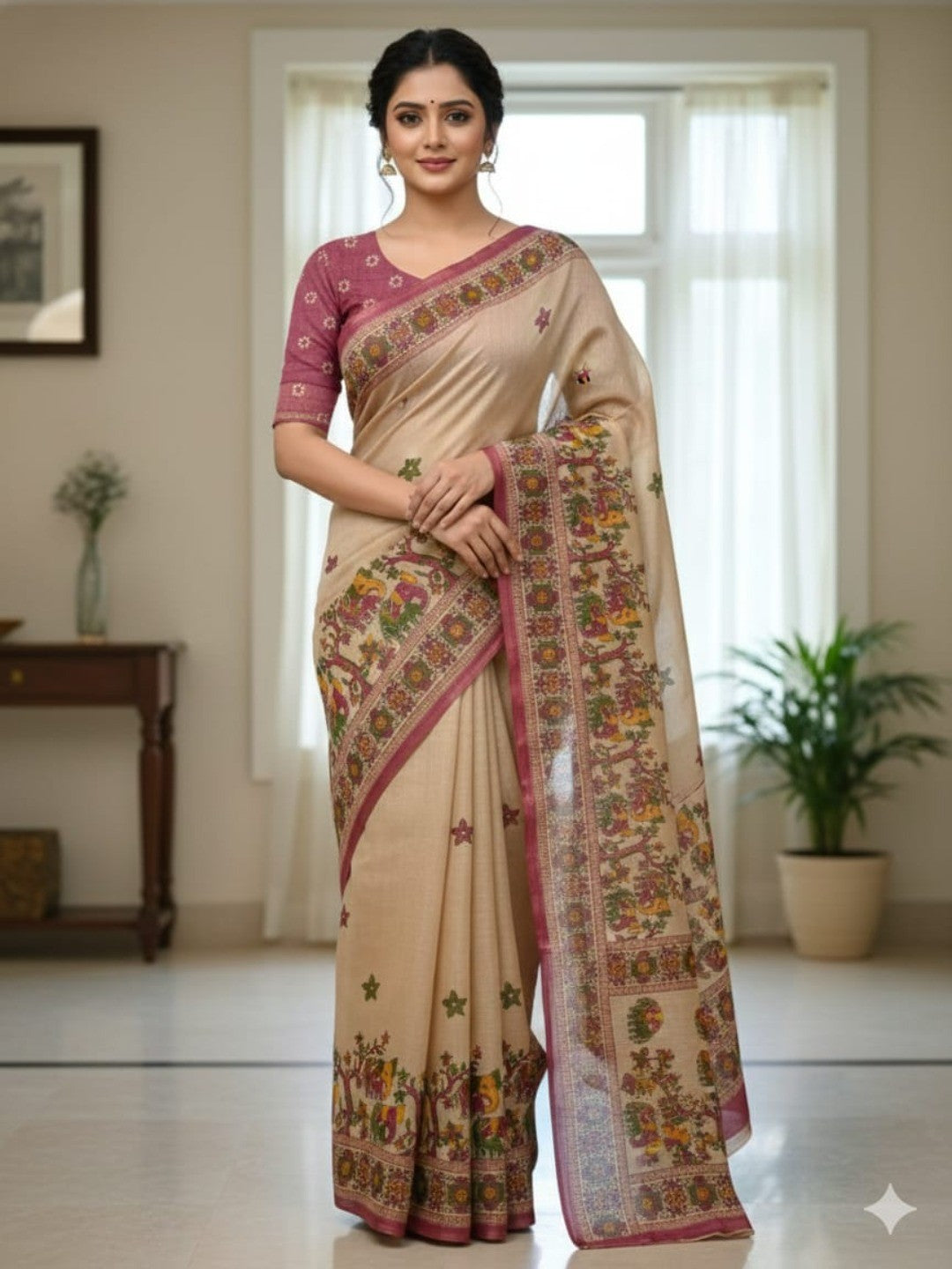 Elegant Beige Cotton Silk Saree with Elephant Motif Border - Image 1