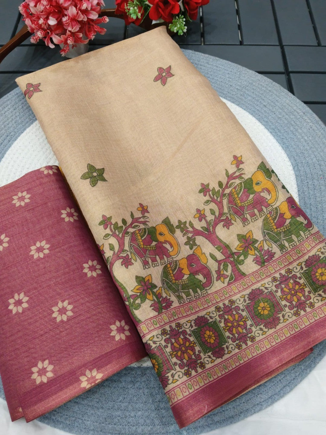 Elegant Beige Cotton Silk Saree with Elephant Motif Border - Image 4