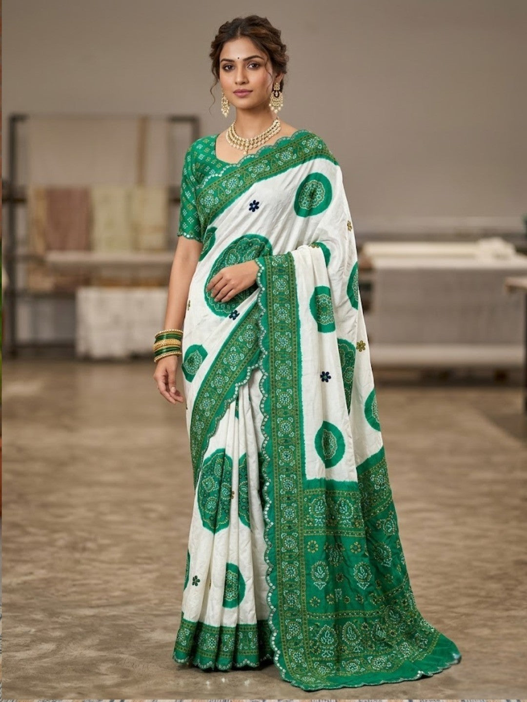 Elegant Green & White Chiffon Silk Saree With Bandhani Print - Image 1