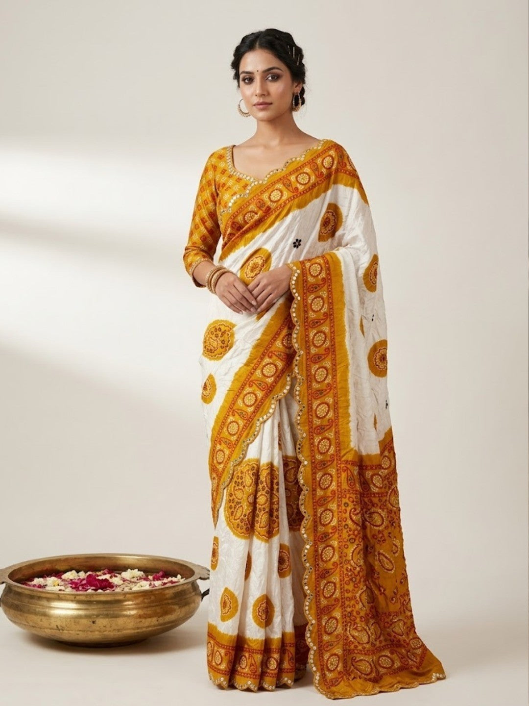 Elegant Mustard & White Chiffon Silk Saree With Bandhani Print - Image 1