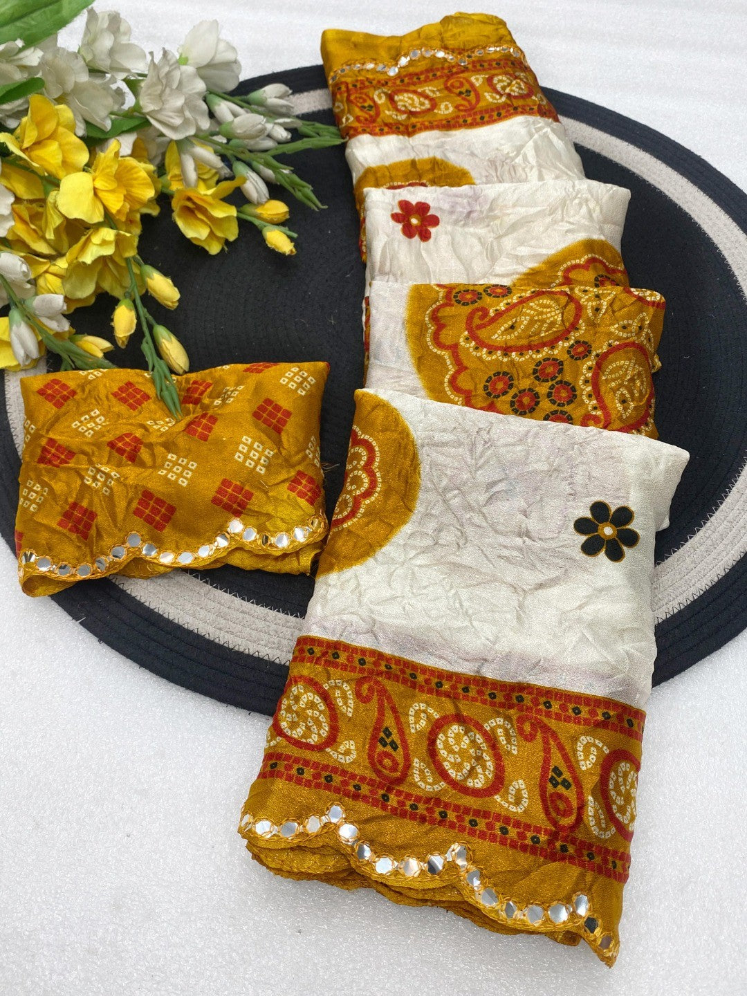 Elegant Mustard & White Chiffon Silk Saree With Bandhani Print - Image 2