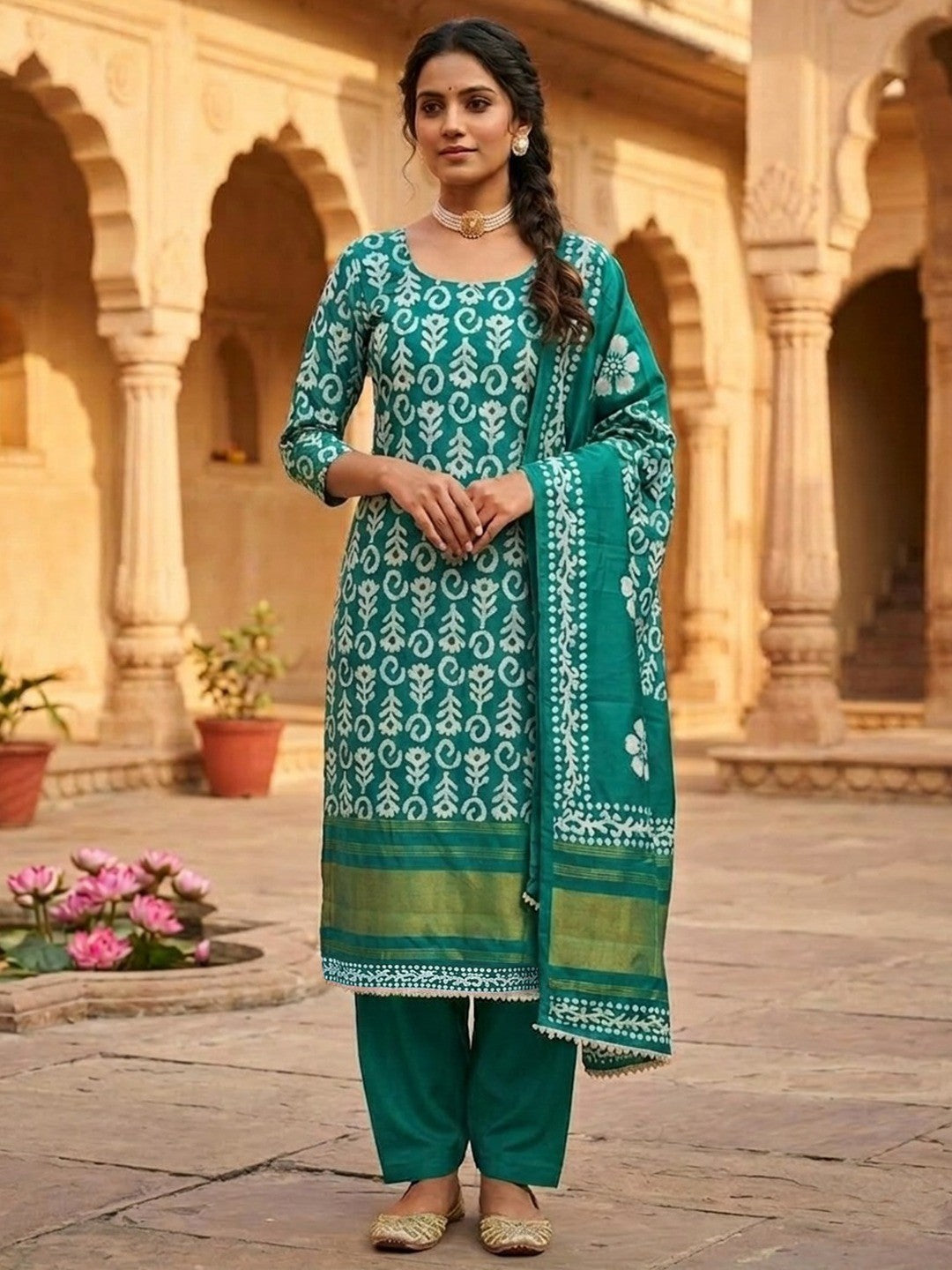 Designer Rama Green Floral Zari Woven Jacquard Dress Material With Classic Ethnic Appeal - Image 2