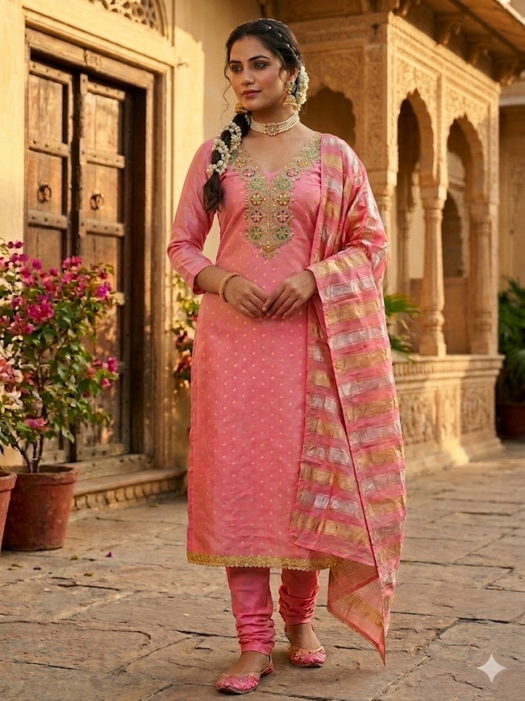 Stylish Pink Butti Woven Chanderi Silk Dress Material With Sequins & Cording Embroidered Work - Image 2