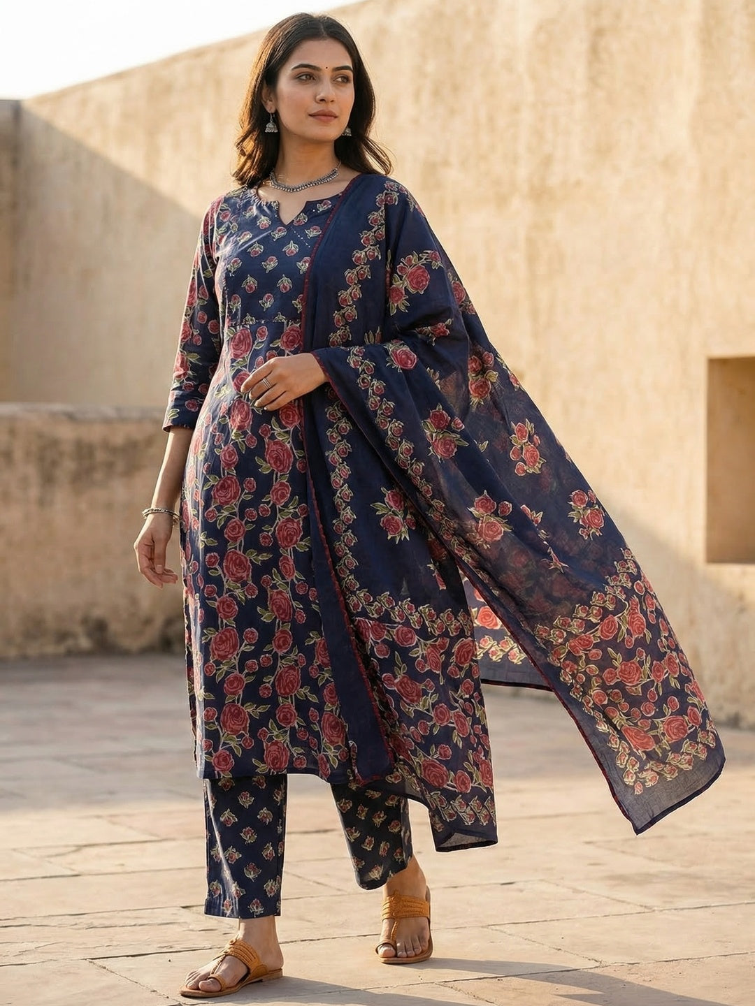 Navy Blue Pure Cotton Salwar Suit with Floral Printed Pattern and Dupatta - Image 1