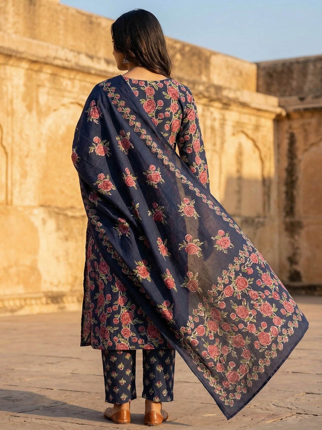Navy Blue Pure Cotton Salwar Suit with Floral Printed Pattern and Dupatta - Image 4