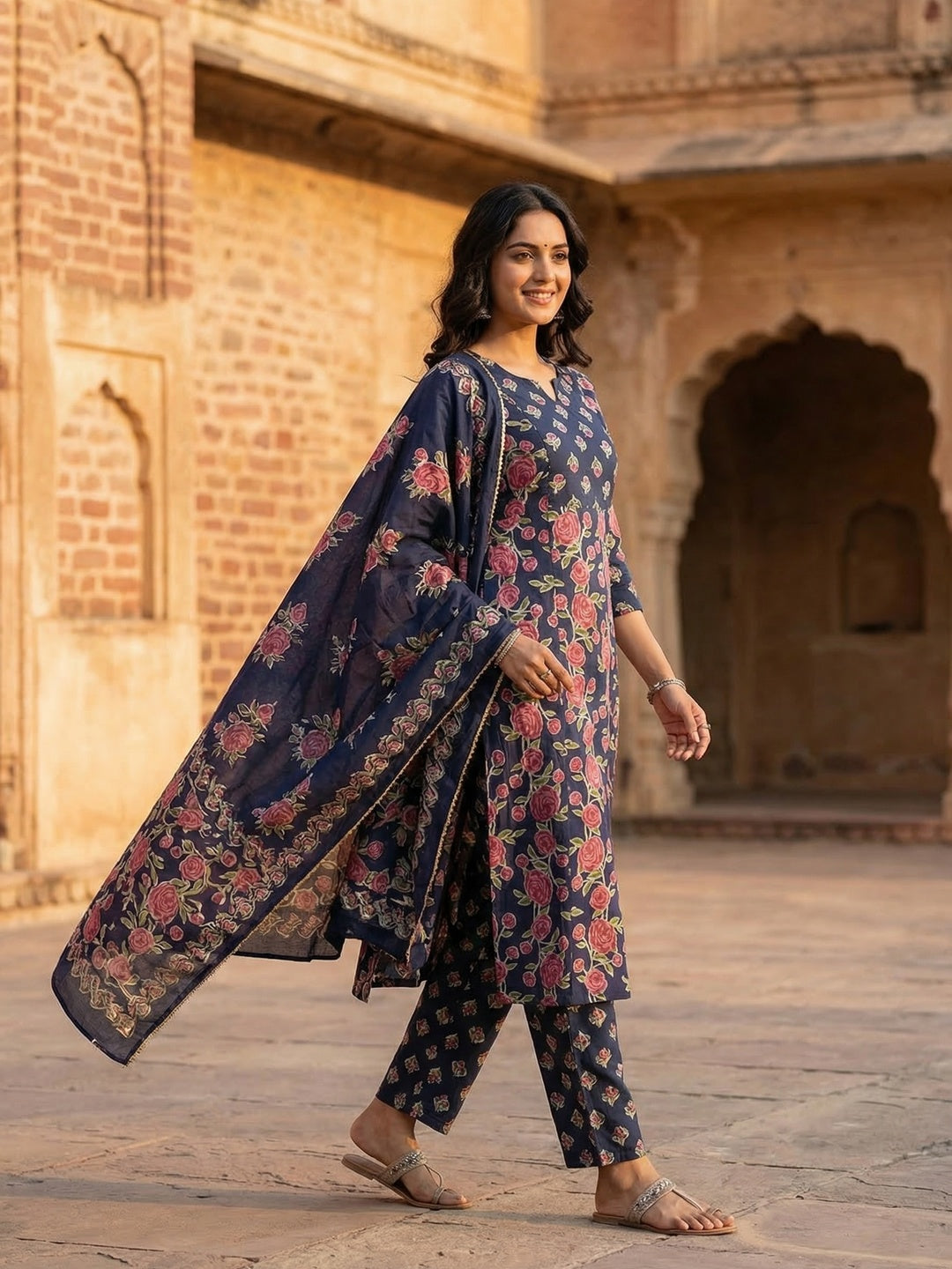 Navy Blue Pure Cotton Salwar Suit with Floral Printed Pattern and Dupatta - Image 5