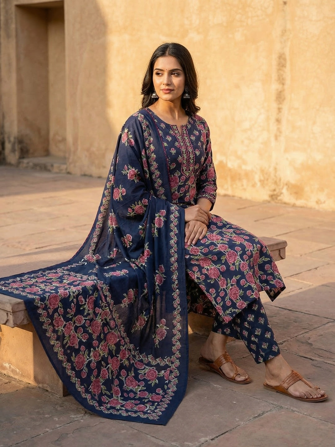 Navy Blue Pure Cotton Salwar Suit with Floral Printed Pattern and Dupatta - Image 2