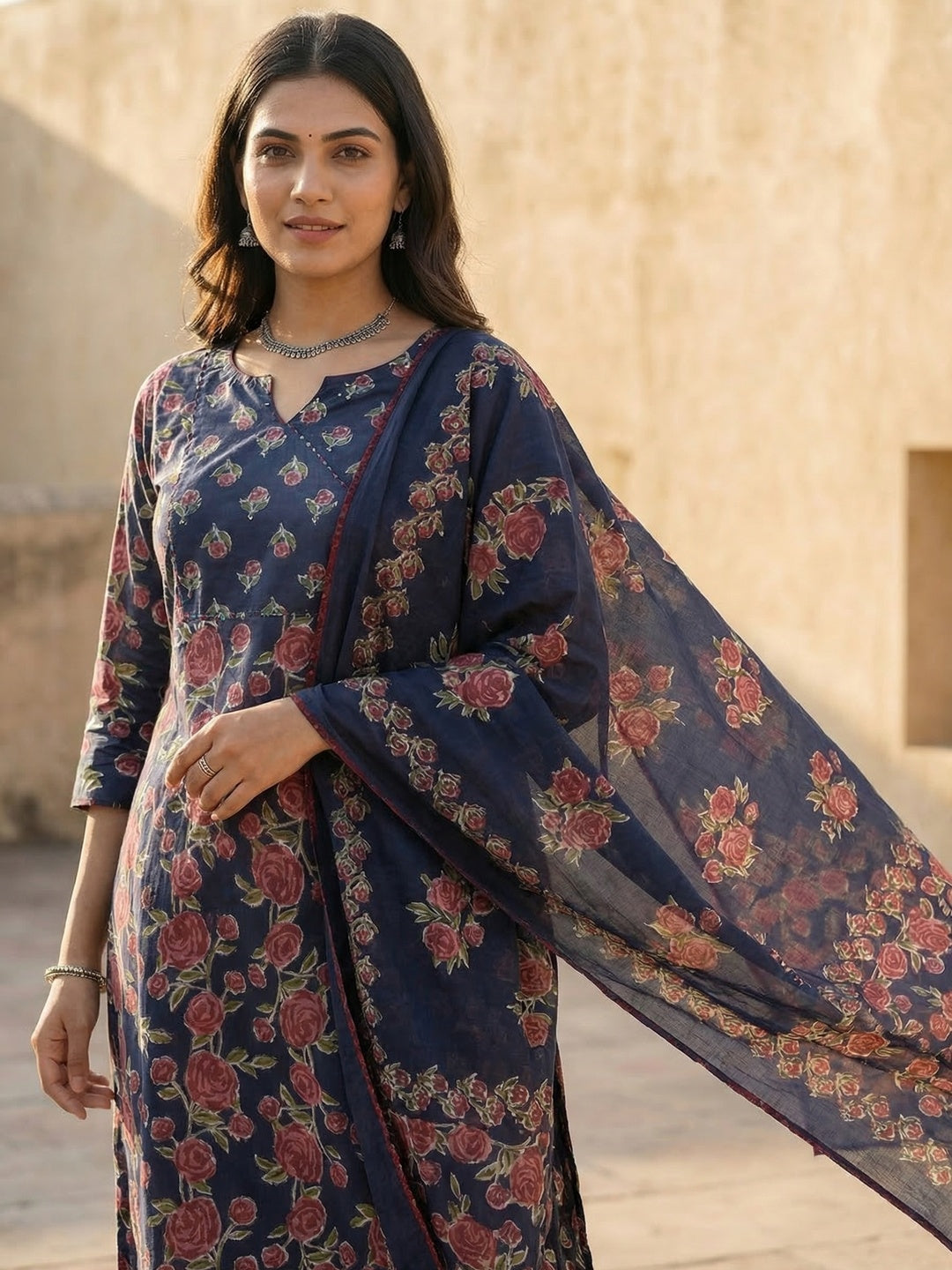 Navy Blue Pure Cotton Salwar Suit with Floral Printed Pattern and Dupatta - Image 3