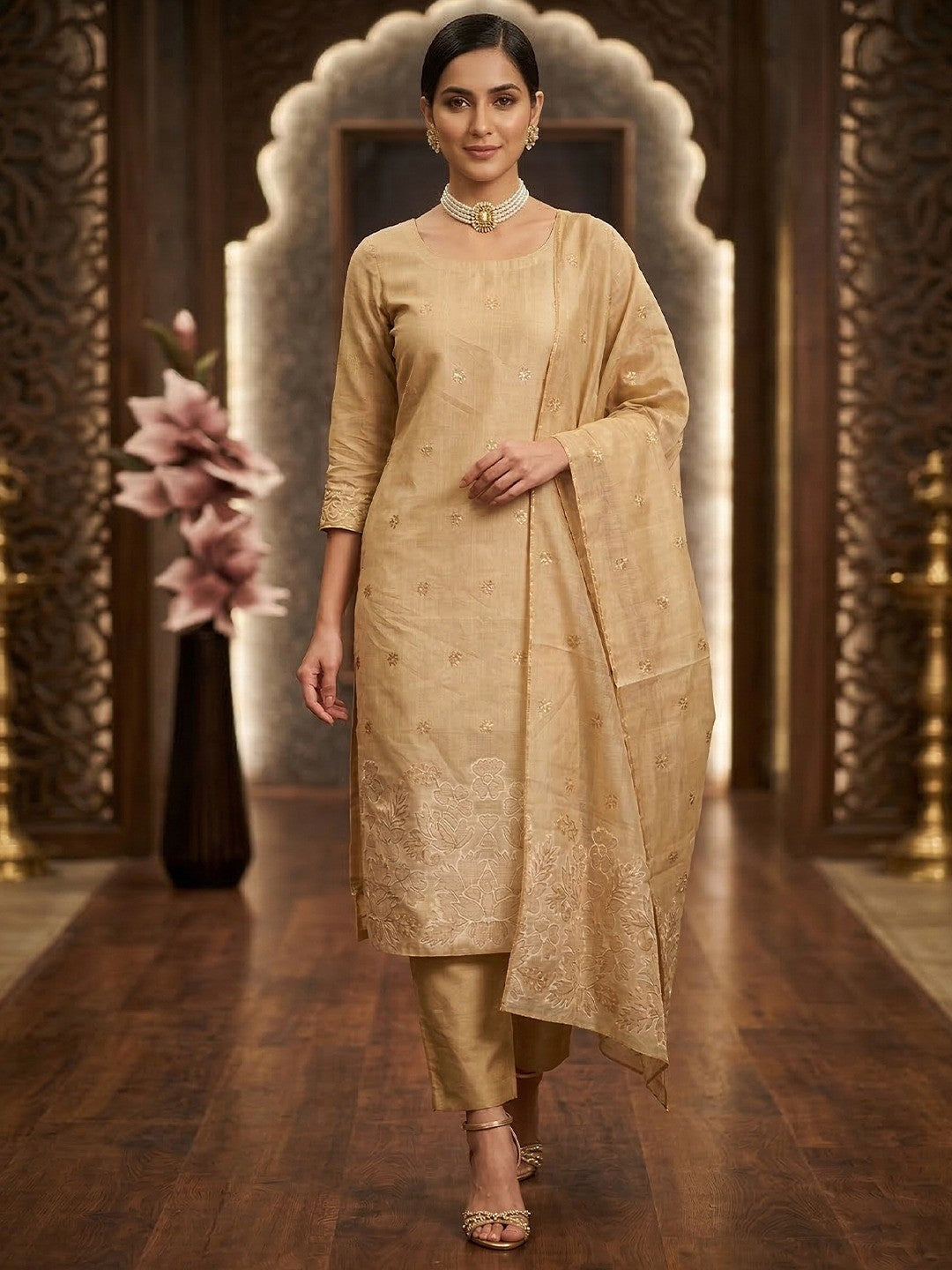 Beige Chanderi Silk Dress Material with Embroidered Details - Image 2
