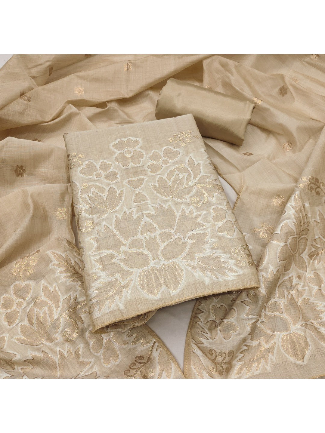 Beige Chanderi Silk Dress Material with Embroidered Details - Image 1