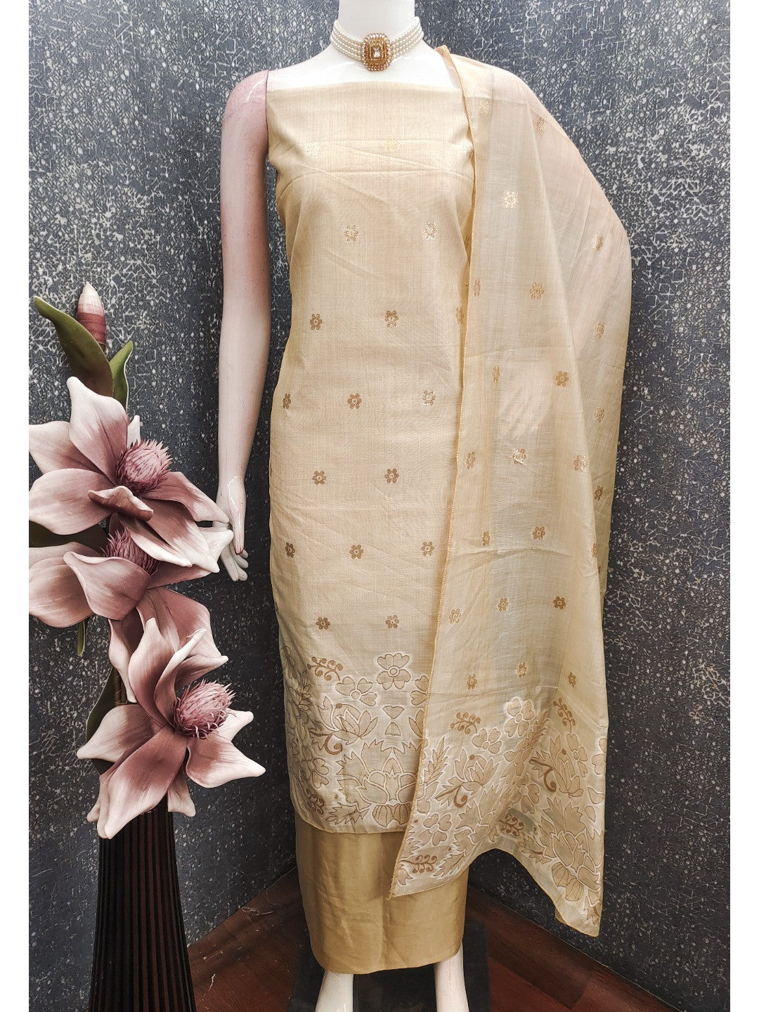 Beige Chanderi Silk Dress Material with Embroidered Details - Image 4