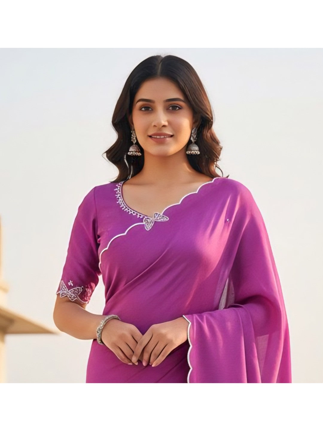 Elegant Purple Solid Chinon Saree with Swarovski & Stone Embellished Designer Work - Image 3
