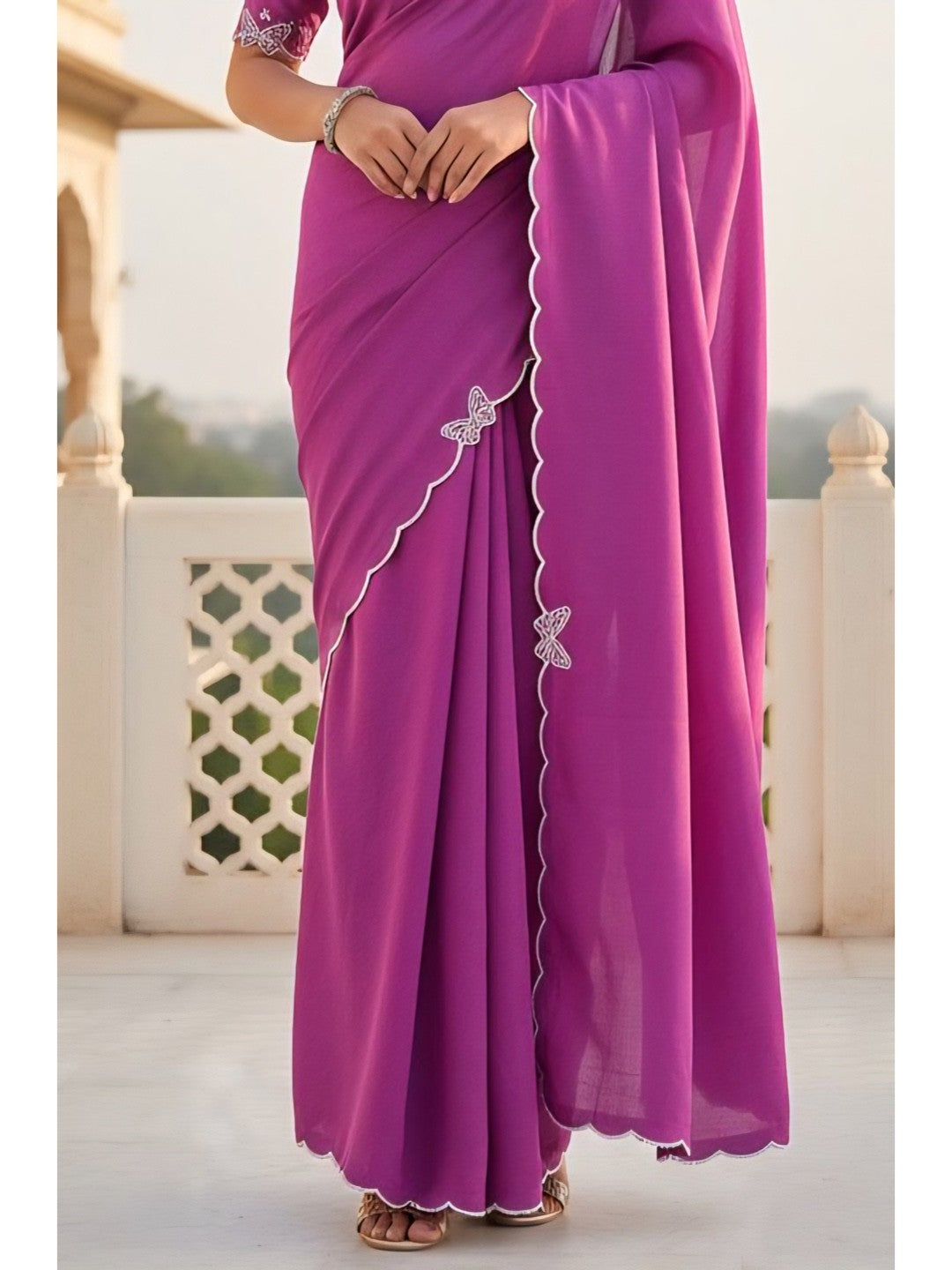 Elegant Purple Solid Chinon Saree with Swarovski & Stone Embellished Designer Work - Image 2