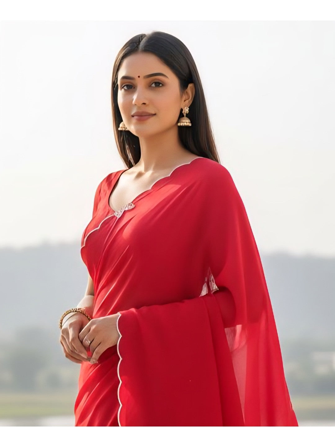 Elegant Red Solid Chinon Saree with Swarovski & Stone Embellished Designer Work - Image 3