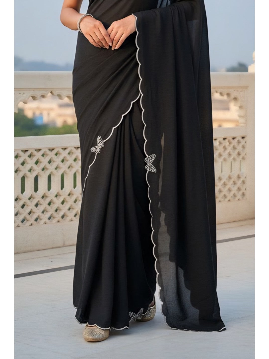 Elegant Black Solid Chinon Saree with Swarovski & Stone Embellished Designer Work - Image 2