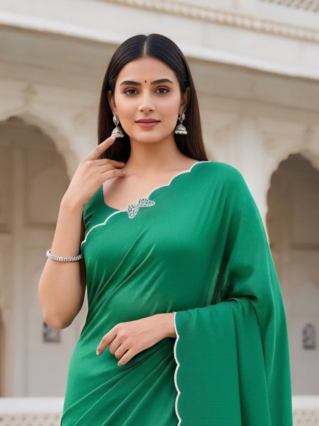 Elegant Geen Solid Chinon Saree with Swarovski & Stone Embellished Designer Work - Image 3