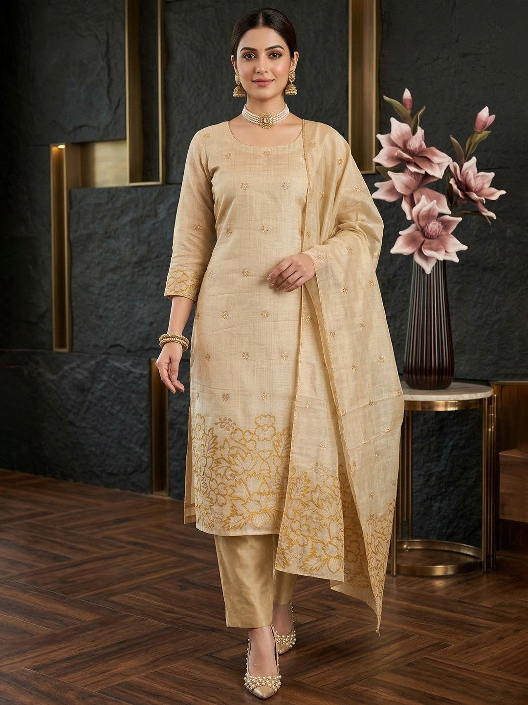 Beige & Mustard Chanderi Silk Dress Material with Embroidered Details - Image 2