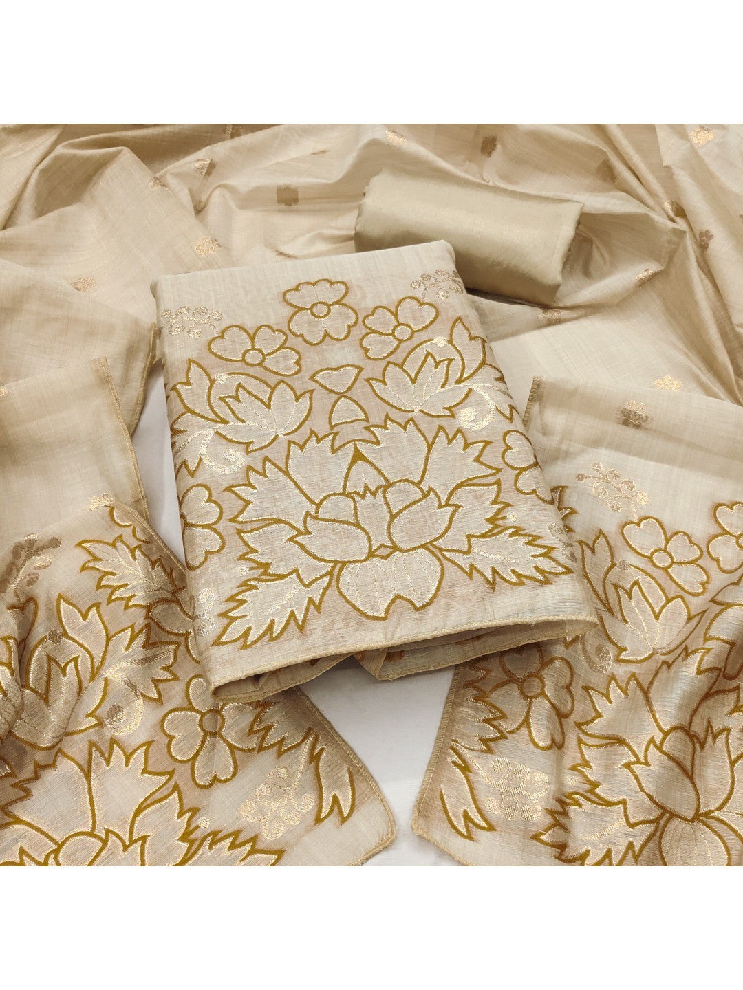 Beige & Mustard Chanderi Silk Dress Material with Embroidered Details - Image 1