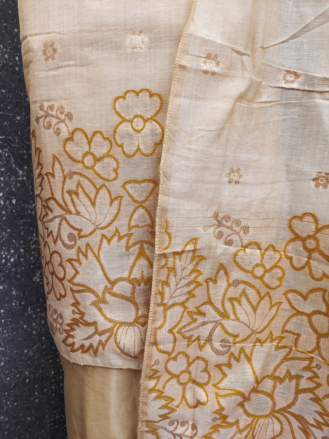 Beige & Mustard Chanderi Silk Dress Material with Embroidered Details - Image 4
