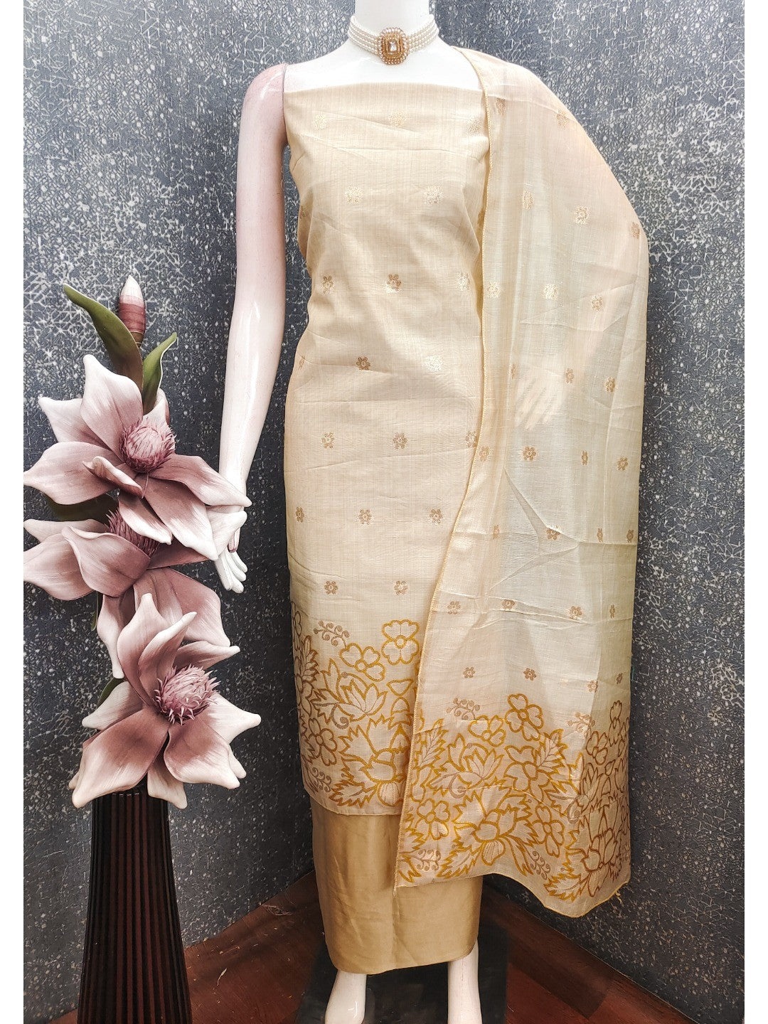 Beige & Mustard Chanderi Silk Dress Material with Embroidered Details - Image 3