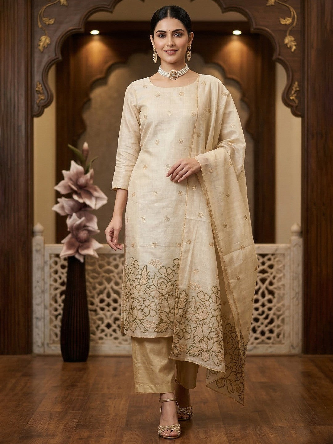 Beige & Olive Chanderi Silk Dress Material with Embroidered Details - Image 2