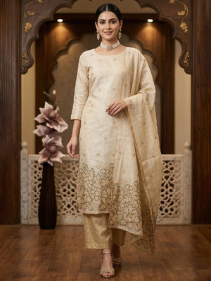 Beige & Olive Chanderi Silk Dress Material with Embroidered Details - Image 2