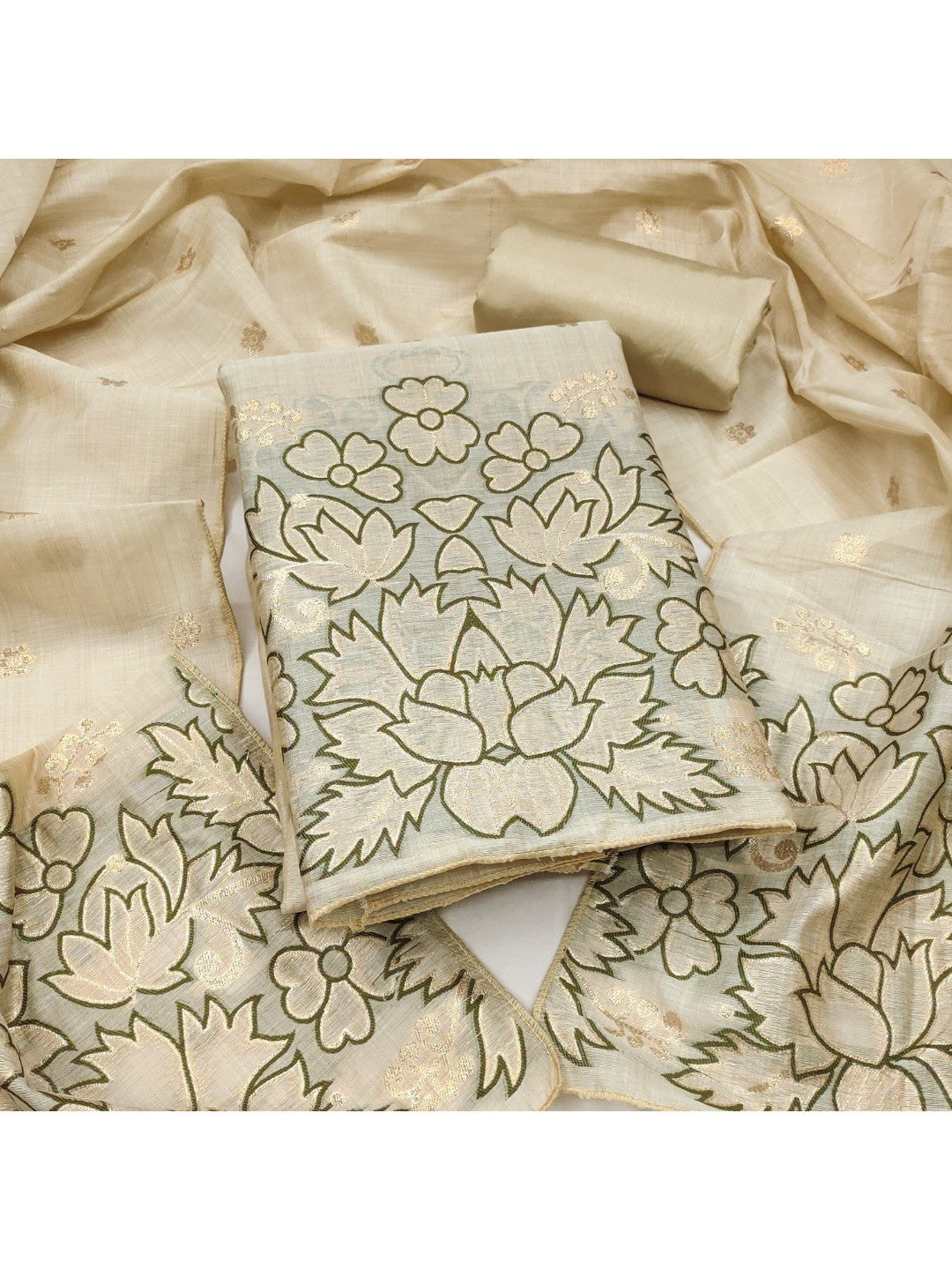 Beige & Olive Chanderi Silk Dress Material with Embroidered Details - Image 1