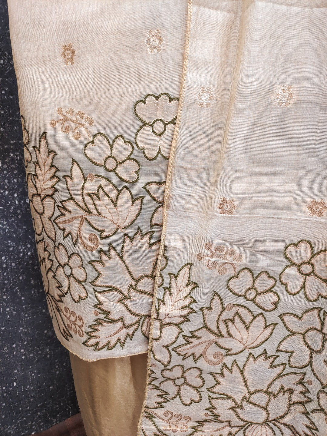 Beige & Olive Chanderi Silk Dress Material with Embroidered Details - Image 3