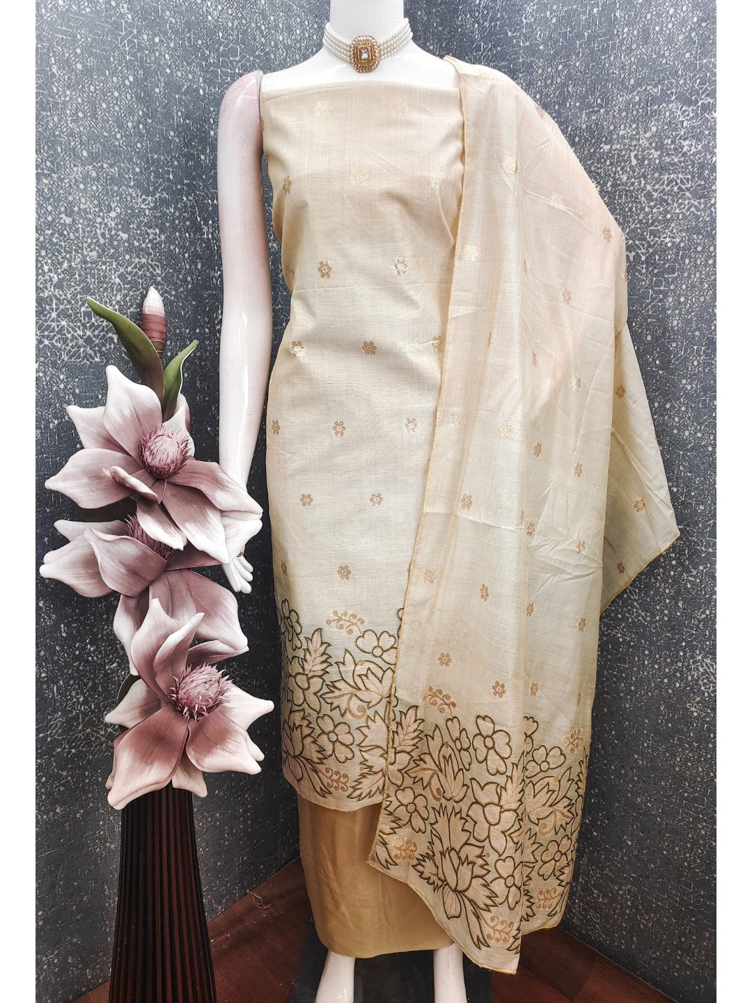 Beige & Olive Chanderi Silk Dress Material with Embroidered Details - Image 4