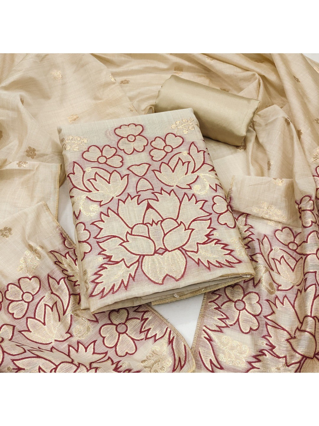 Beige & Wine Chanderi Silk Dress Material with Embroidered Details - Image 1