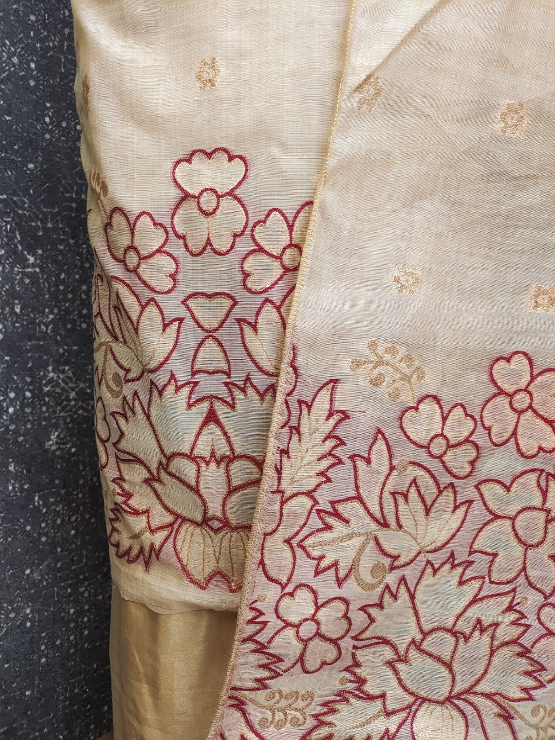 Beige & Wine Chanderi Silk Dress Material with Embroidered Details - Image 4