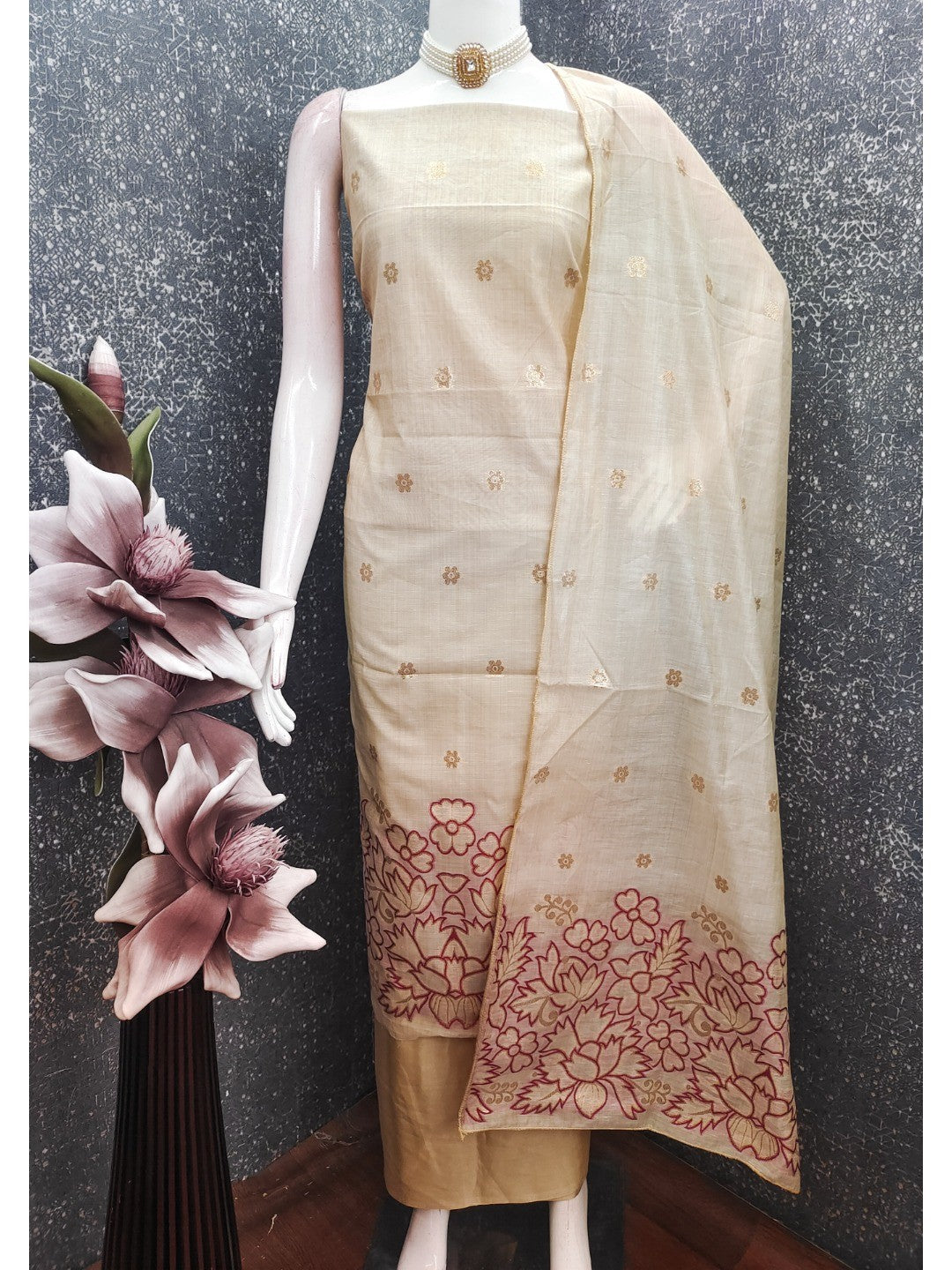 Beige & Wine Chanderi Silk Dress Material with Embroidered Details - Image 3