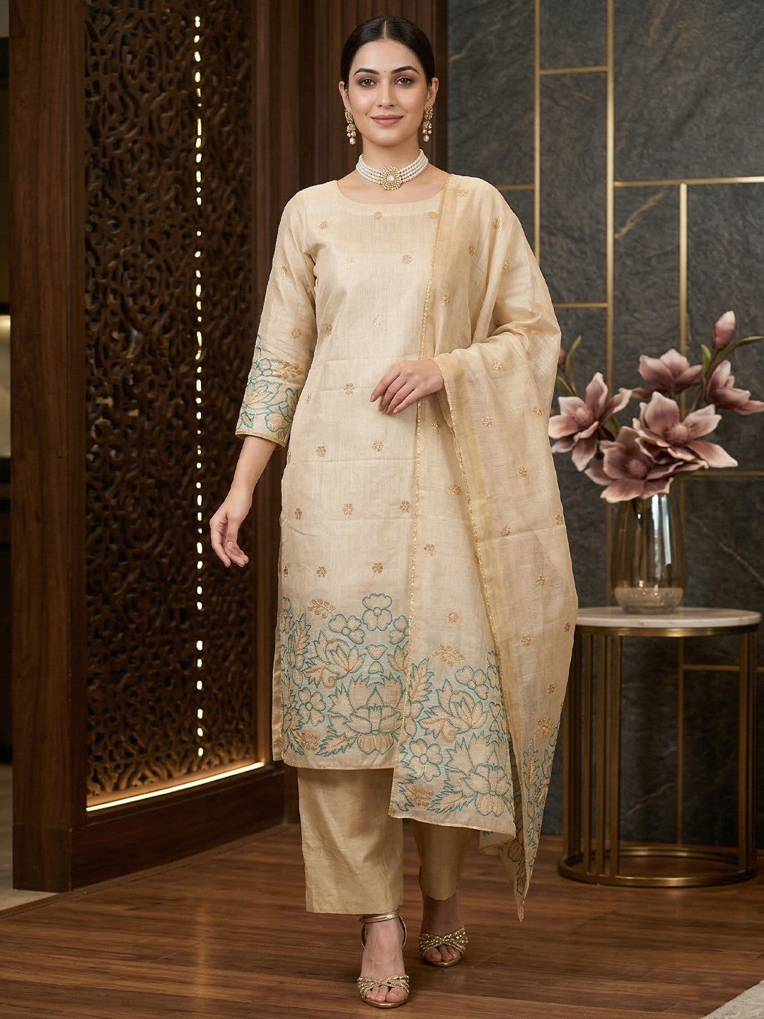 Beige & Teal Chanderi Silk Dress Material with Embroidered Details - Image 2