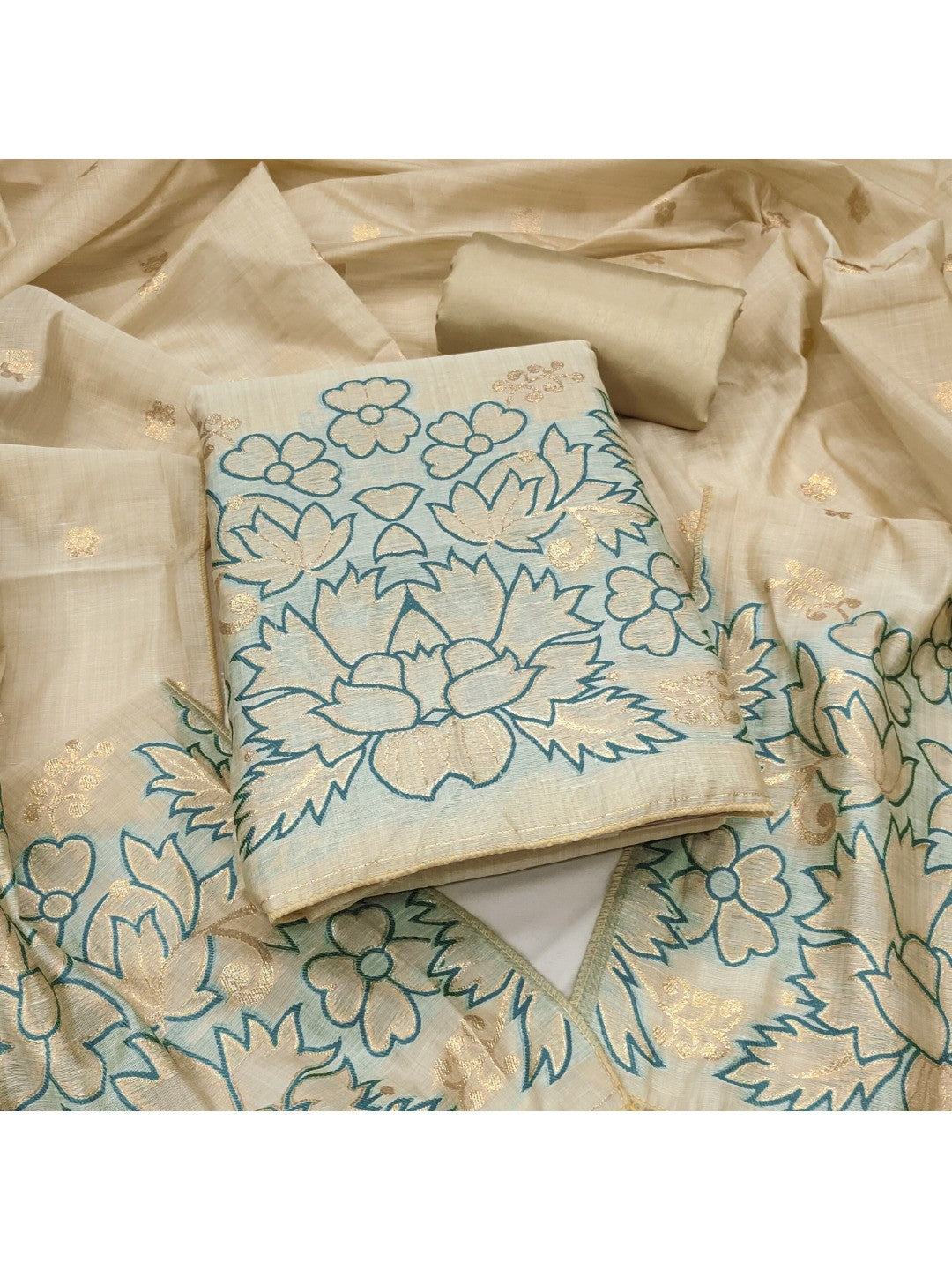 Beige & Teal Chanderi Silk Dress Material with Embroidered Details - Image 1