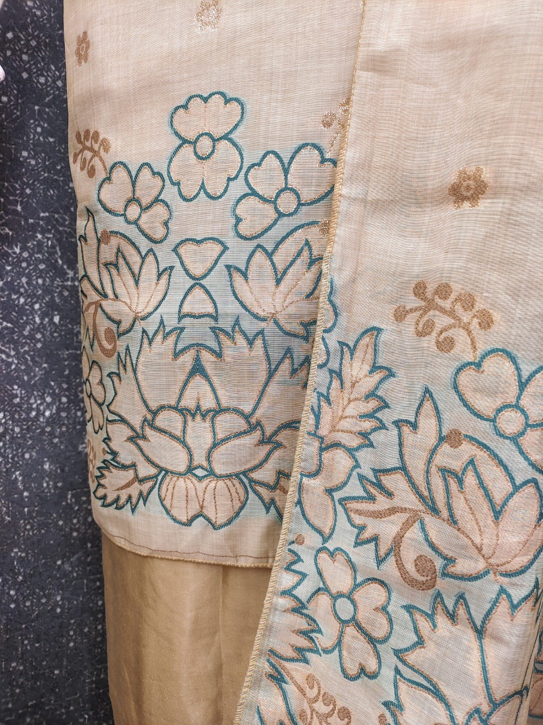 Beige & Teal Chanderi Silk Dress Material with Embroidered Details - Image 3