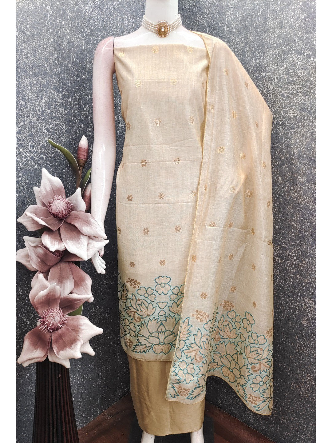 Beige & Teal Chanderi Silk Dress Material with Embroidered Details - Image 4