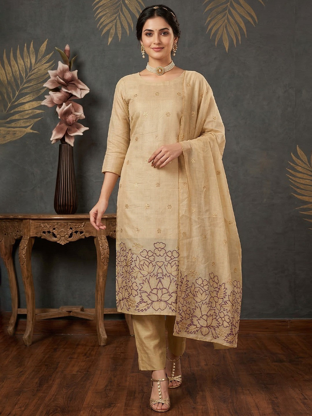 Beige & Purple Chanderi Silk Dress Material with Embroidered Details - Image 2
