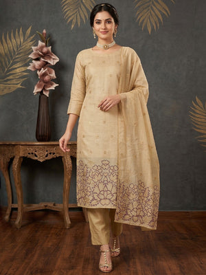 Beige & Purple Chanderi Silk Dress Material with Embroidered Details - Image 2
