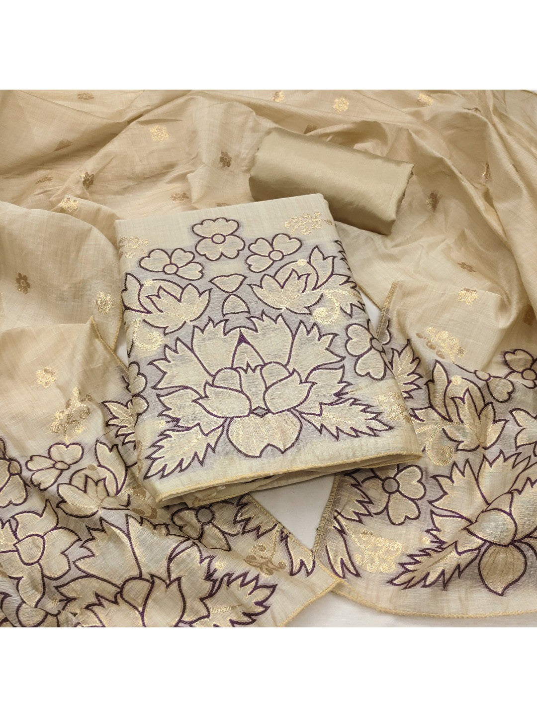 Beige & Purple Chanderi Silk Dress Material with Embroidered Details - Image 1