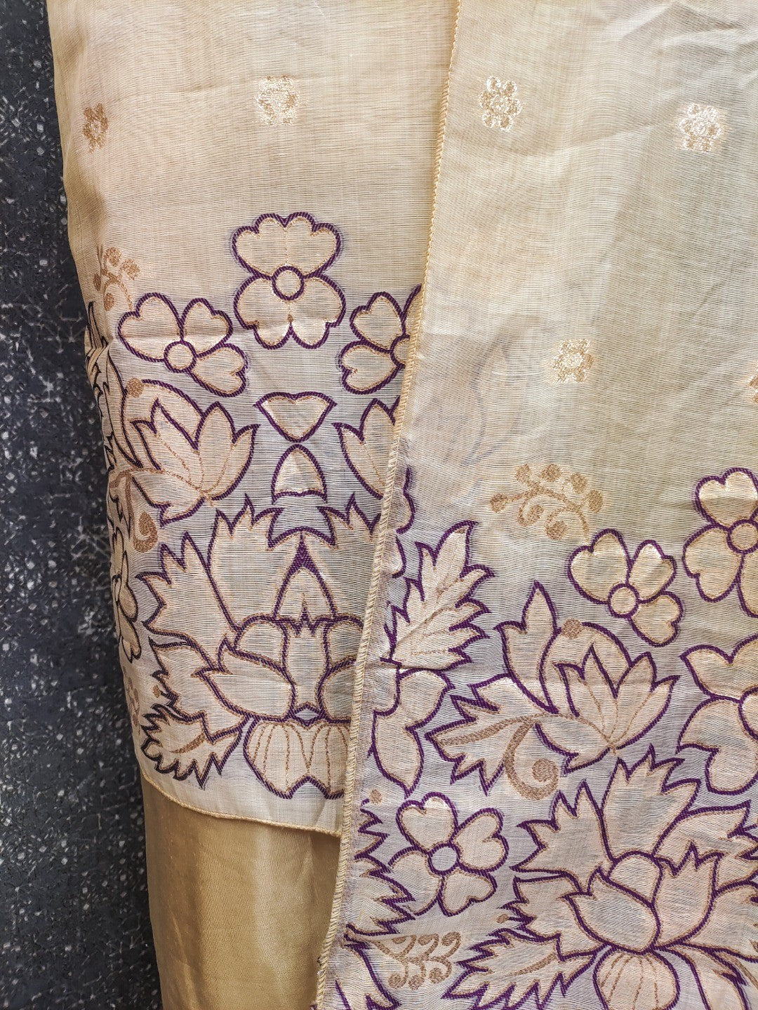 Beige & Purple Chanderi Silk Dress Material with Embroidered Details - Image 3