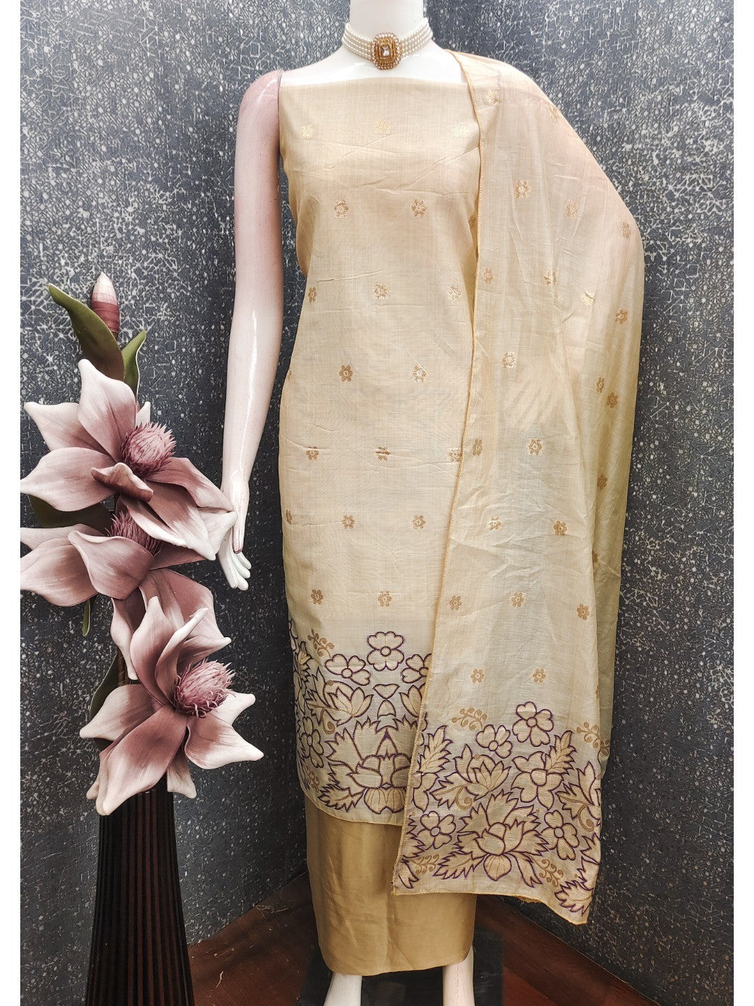 Beige & Purple Chanderi Silk Dress Material with Embroidered Details - Image 4