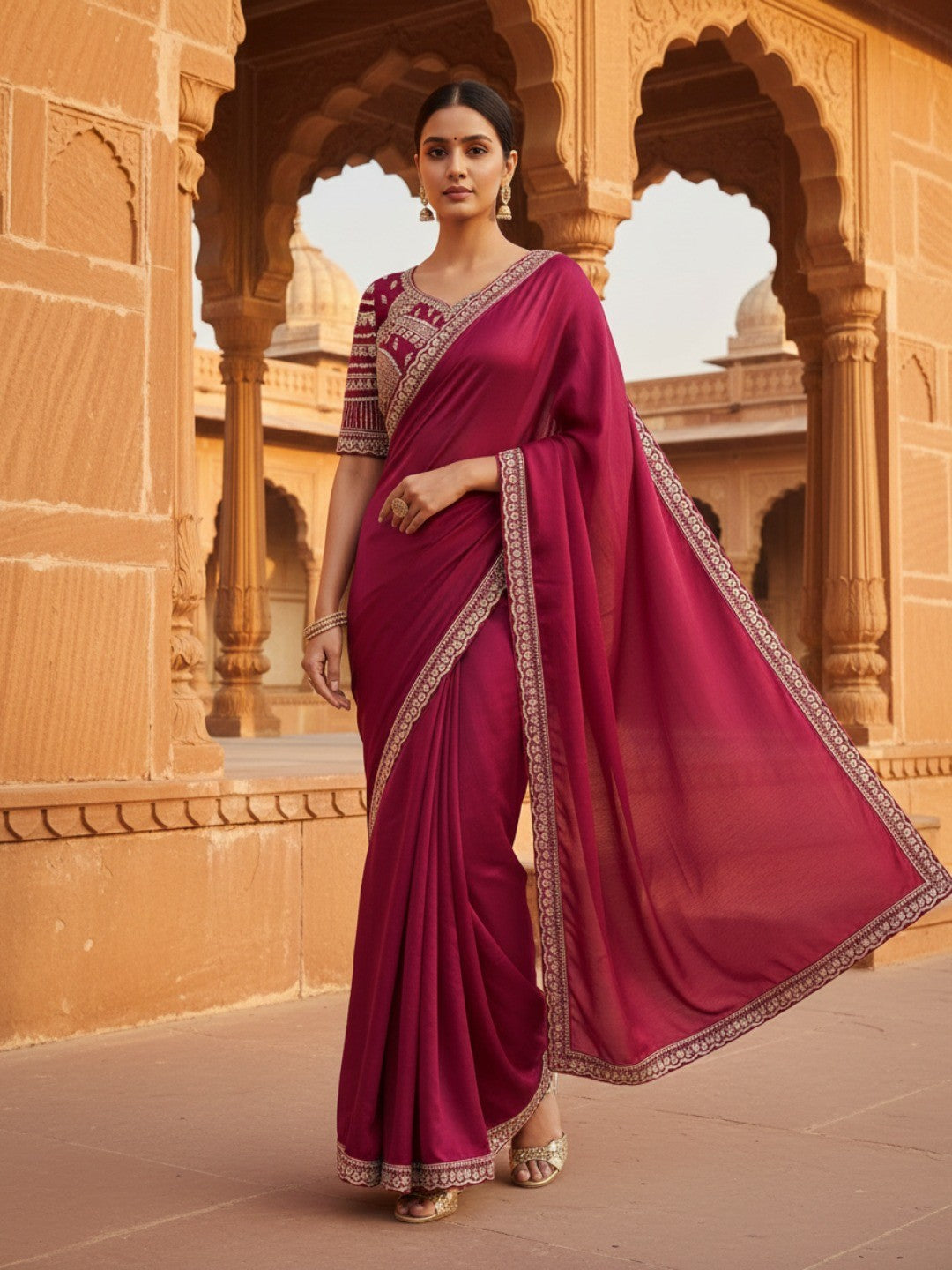 Festive Wear Pink Satin Saree with Premium Embroidered Blouse - Image 1