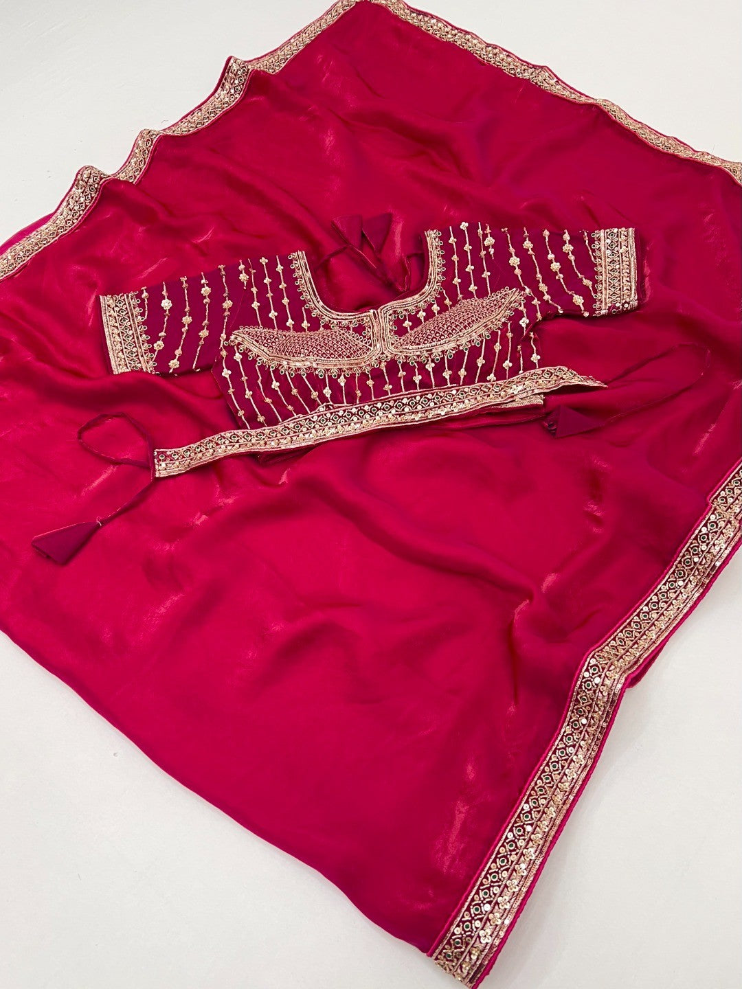 Festive Wear Pink Satin Saree with Premium Embroidered Blouse - Image 2